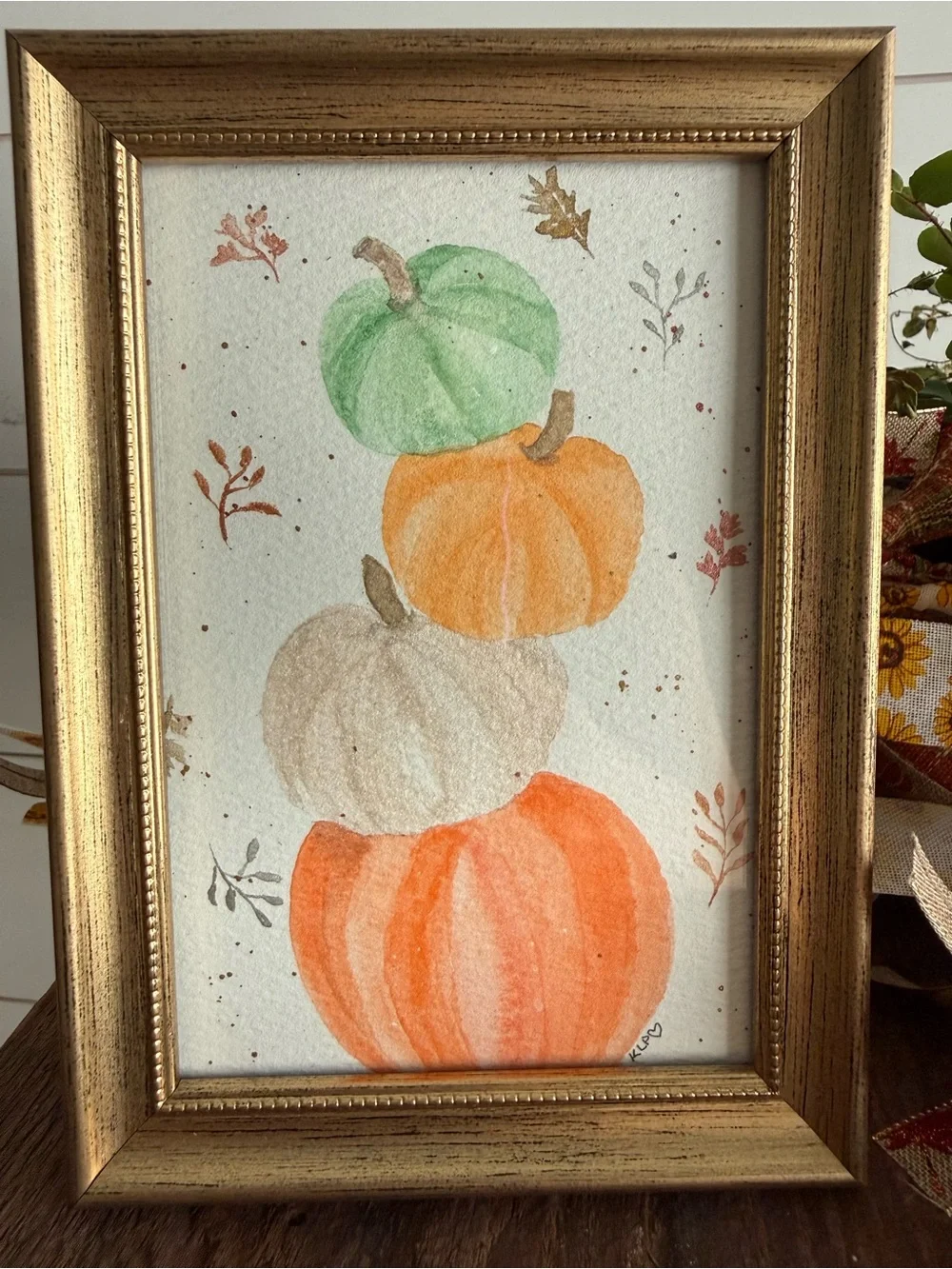 Pumpkin Stack Watercolor Framed original in 4x6 frame